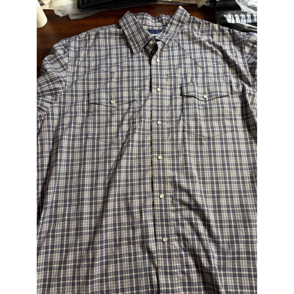 Wrangler Mens Plaid Western Pearl Snap Shirt Blue Grey Long Sleeve L Large
